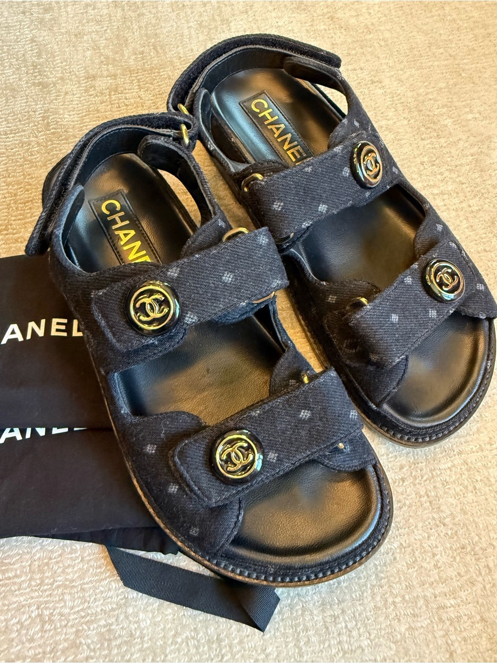 CHANEL Black Fabric Logo Button Strap Sandals